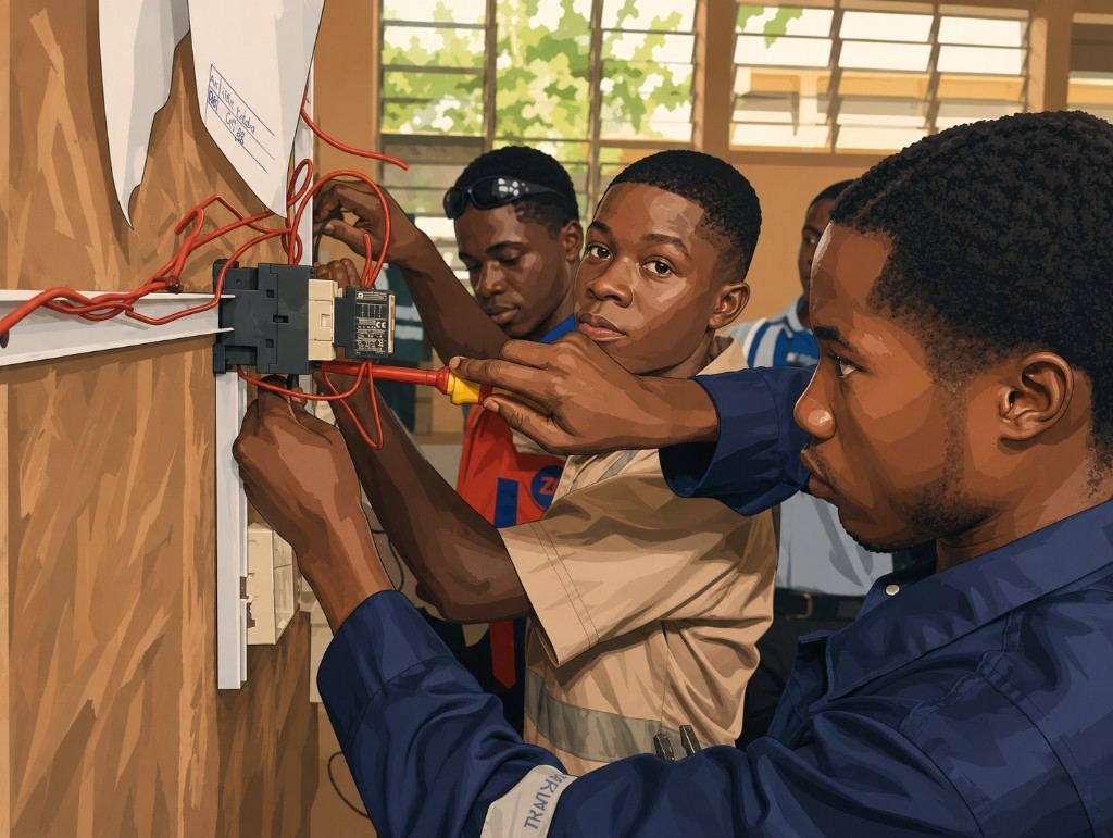Electrical engineering students wiring a contactor in the Kikam workshop