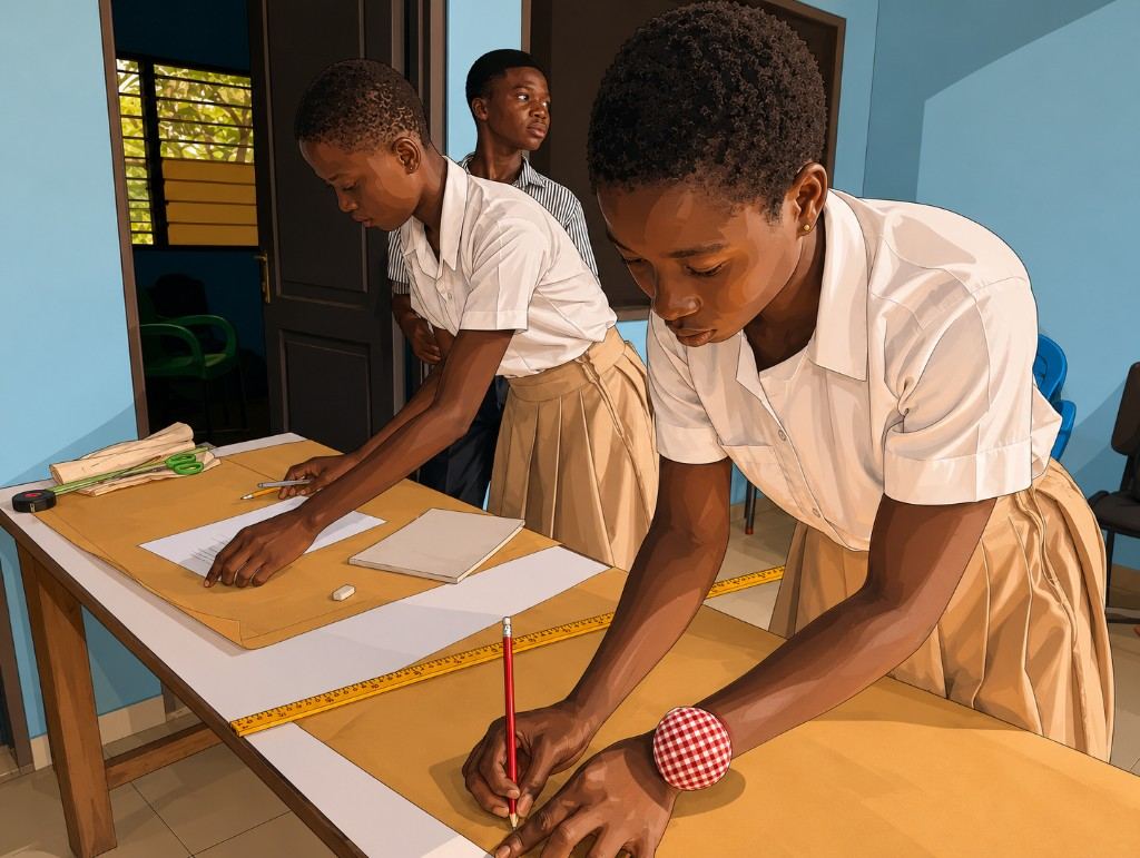 Fashion students drafting a pattern with rulers and measuring tape at Kikam
