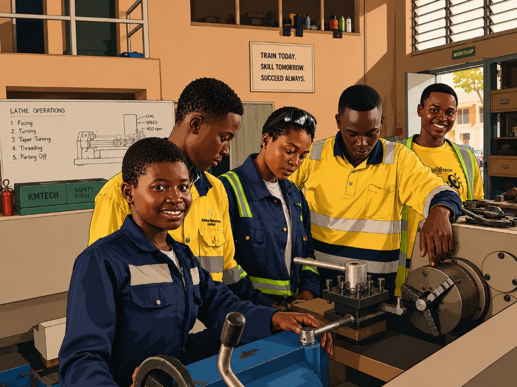 Students learning lathe operations at Kikam Technical Institute workshop
